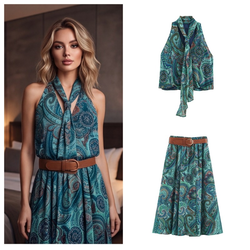 Vintage Printed Belt Long Skir - Women Electronic Accessories ulasan dan harga